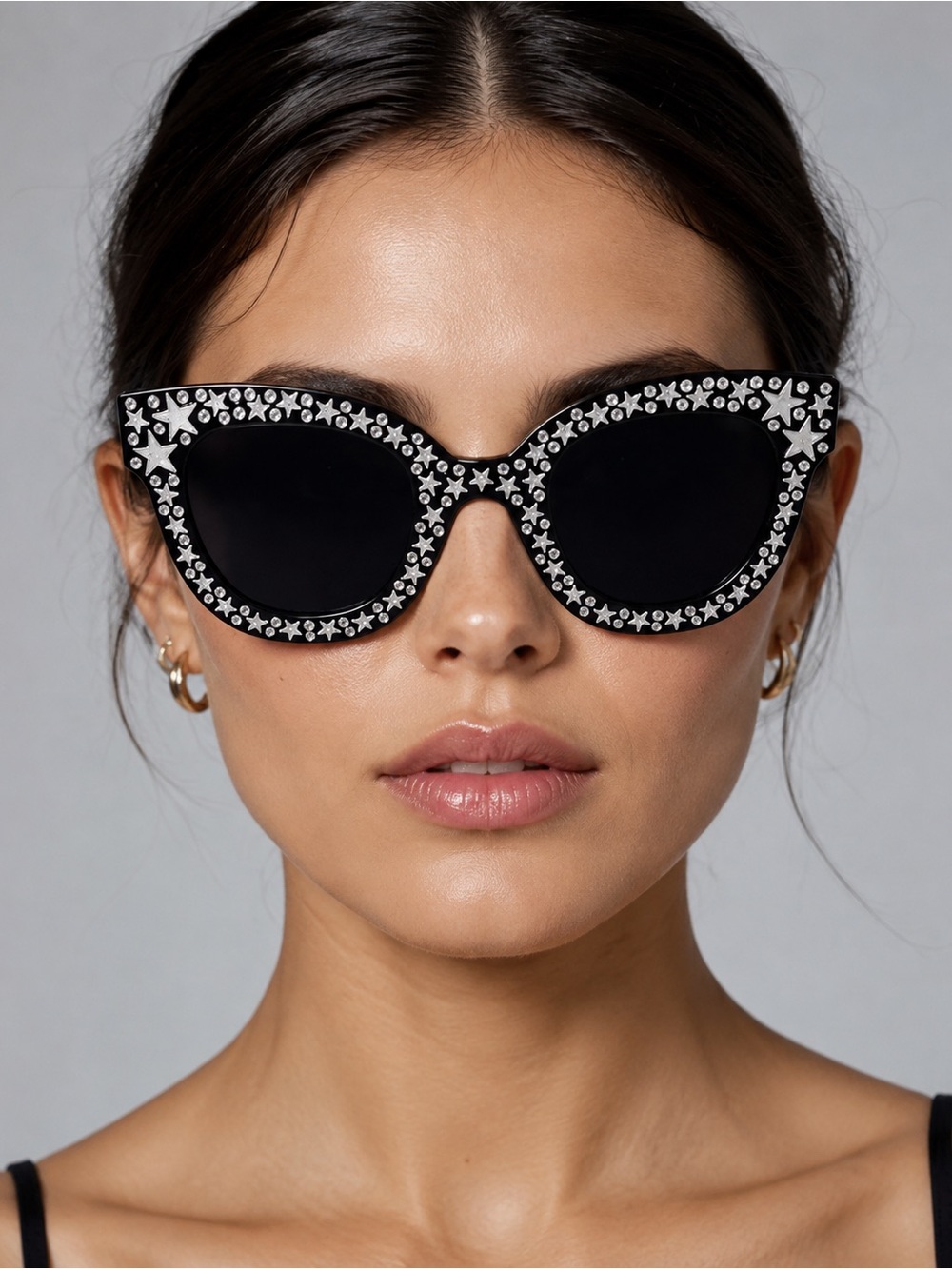NEW - Rockstar Black Star Rhinestone Cat Eye Sunglasses Glam Vintage